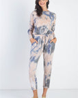 Cherish Apparel Tie-Dye Round Neck Long Sleeve Jumpsuit