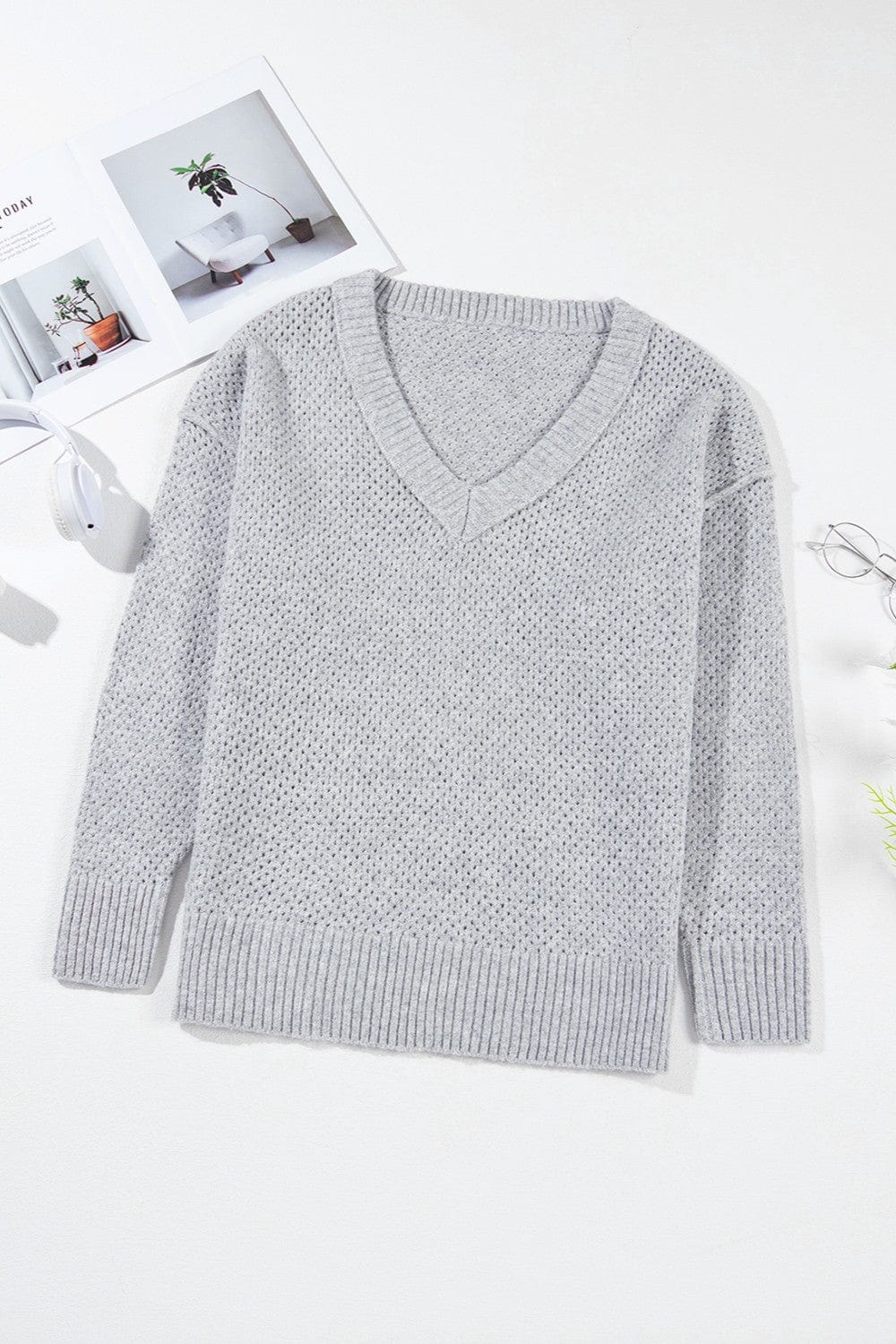 Light Gray Openwork V-Neck Dropped Shoulder Sweater