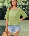 Dark Khaki Openwork Round Neck Half Sleeve Knit Top