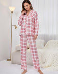 Plaid Collared Neck Long Sleeve Top and Pants Lounge Set