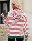 Drawstring Striped Zip Up Long Sleeve Hoodie