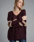 Slit Contrast V-Neck Long Sleeve Sweater