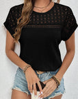 Black Waffle-Knit Round Neck Short Sleeve Top