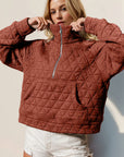 Double Take Half Zip Long Sleeve Quilted Sweatshirt with Pocket