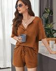 Full Size Waffle-Knit Dropped Shoulder Top and Shorts Set