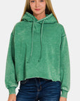 Zenana Acid Wash Fleece Cropped Hoodie