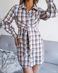 Gray Tied Plaid Long Sleeve Mini Shirt Dress