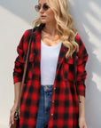 Double Take Drawstring Plaid Long Sleeve Hooded Shacket