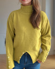 Front Slit Decorative Button Turtleneck Sweater