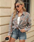 Pocketed Plaid Collared Neck Long Sleeve Shirt