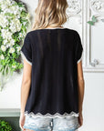 Black First Love Full Size Contrast Wavy Crochet Drop Shoulder Knit Top