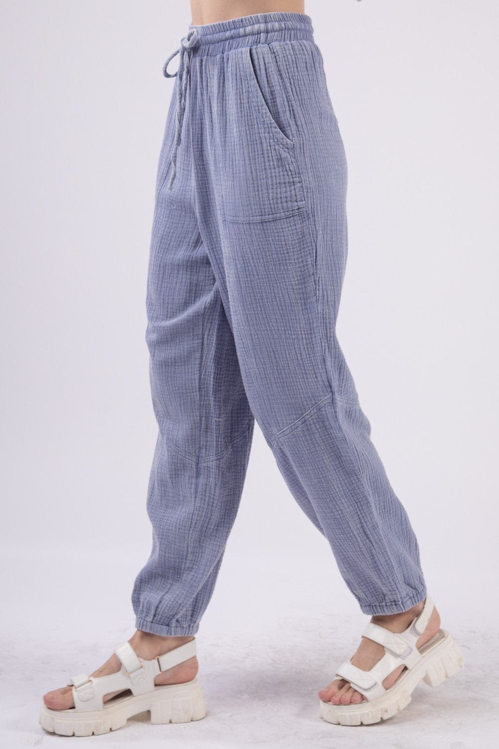 Light Gray VERY J Washed Woven Crinkle Gauze Drawstring Cargo Pants