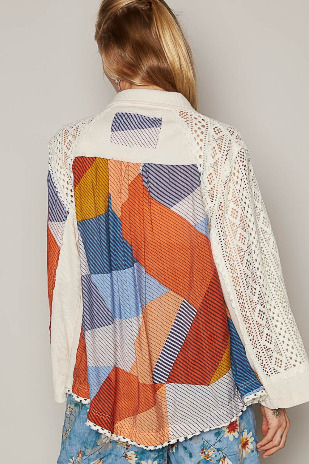Gray POL Color Block Crochet Long Sleeve Shirt Sentient Beauty Fashions Apparel & Accessories