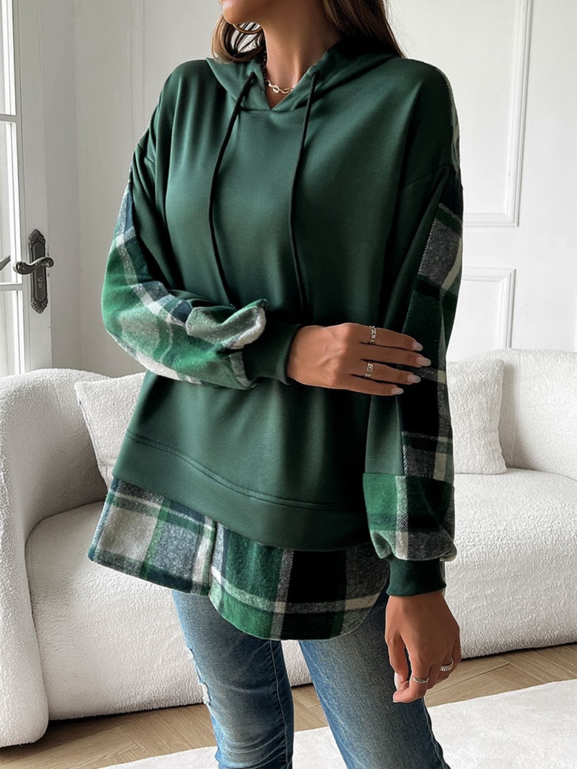 Devine Drawstring Plaid Long Sleeve Hoodie