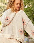 POL V-Neck Floral Pattern Chenille Sweater