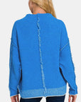 Royal Blue Zenana Exposed Seam Mock Neck Long Sleeve Sweater