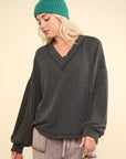 VERY J Two Tone Ribbed V-Neck Exposed Seam Top