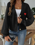 Heart Button Down V-Neck Long Sleeve Cardigan