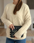 Pearl Trim Round Neck Raglan Sleeve Sweater