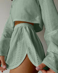 Light Slate Gray Eyelet Round Neck Top and Shorts Set Sentient Beauty Fashions Apaparel & Accessories