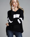 Slit Contrast V-Neck Long Sleeve Sweater