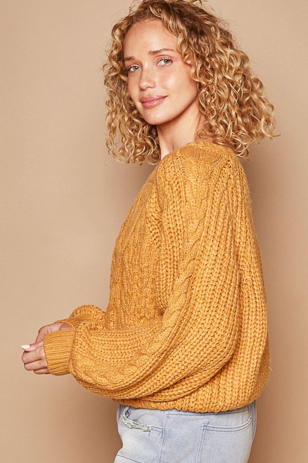 Tan POL Cable Knit Cutout Long Sleeve Sweater