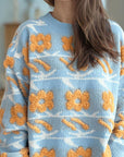 Flower Contrast Round Neck Long Sleeve Sweater