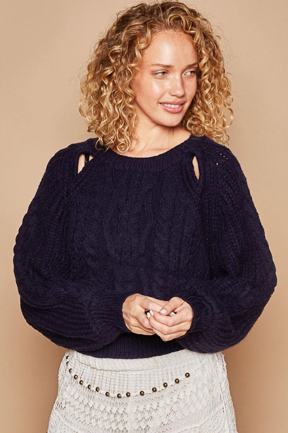 Black POL Cable Knit Cutout Long Sleeve Sweater