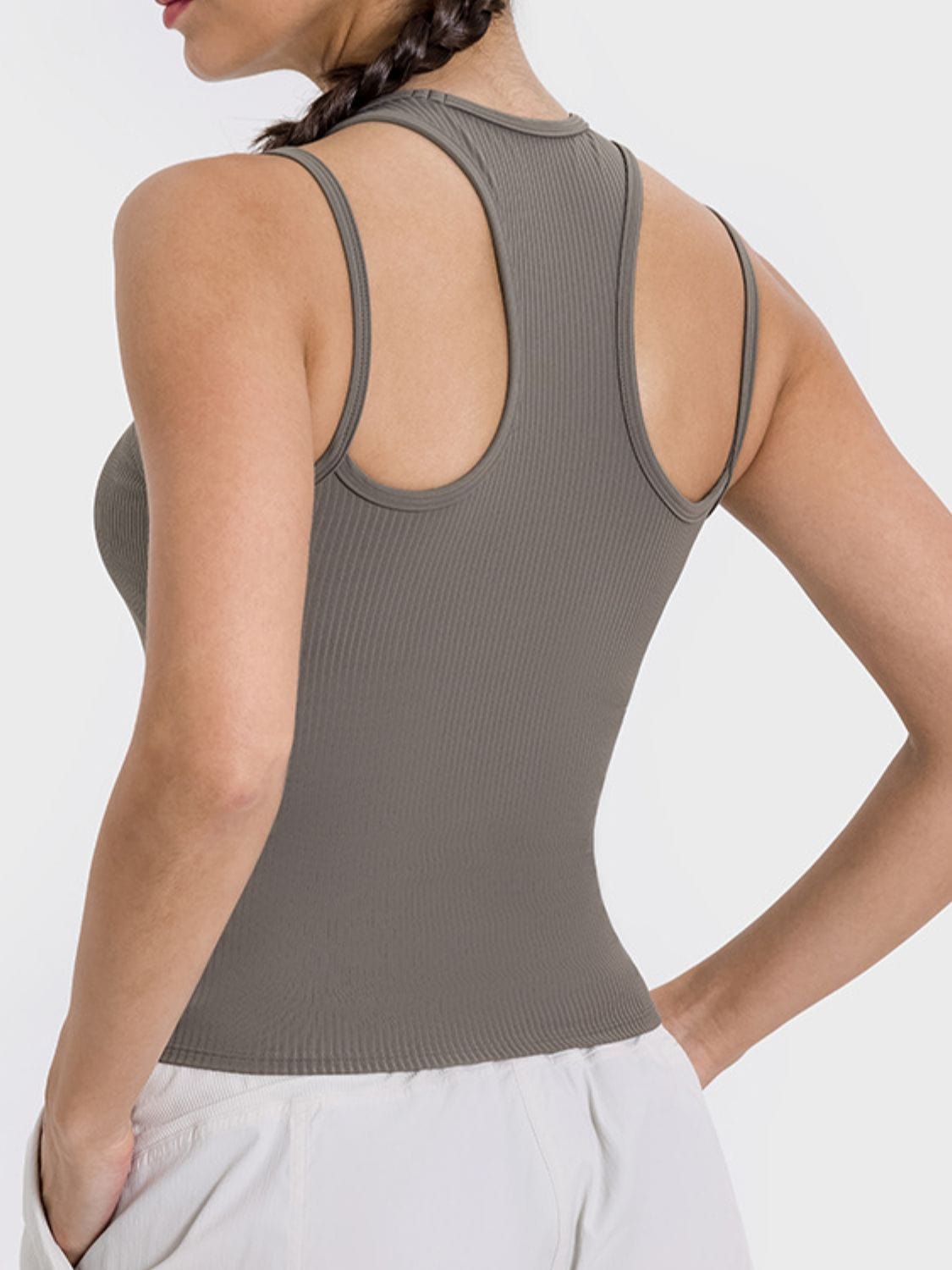 Rosy Brown Cutout Round Neck Racerback Active Tank