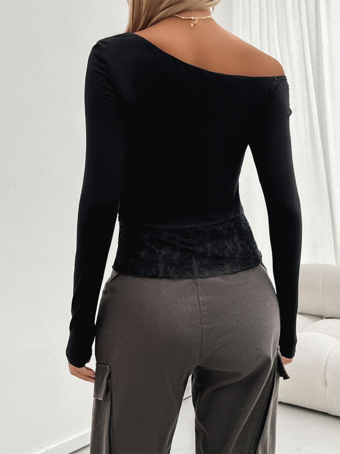 Dark Slate Gray Single Shoulder Long Sleeve Lace T-Shirt