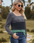 Color Block Square Neck Long Sleeve T-Shirt