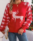 Reindeer Plaid Round Neck Long Sleeve Sweater