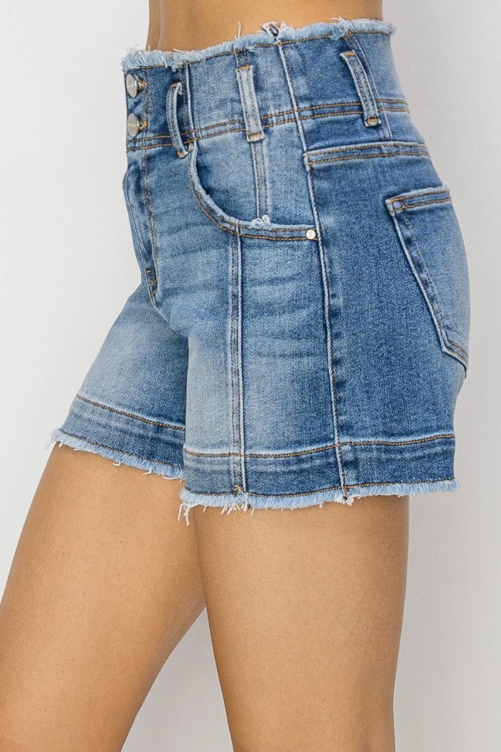 Gray RISEN High Rise Seam Detailed Raw Edge Denim Shorts