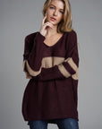 Slit Contrast V-Neck Long Sleeve Sweater