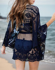 Dark Gray Lace V-Neck Three-Quarter Sleeve Cover Up