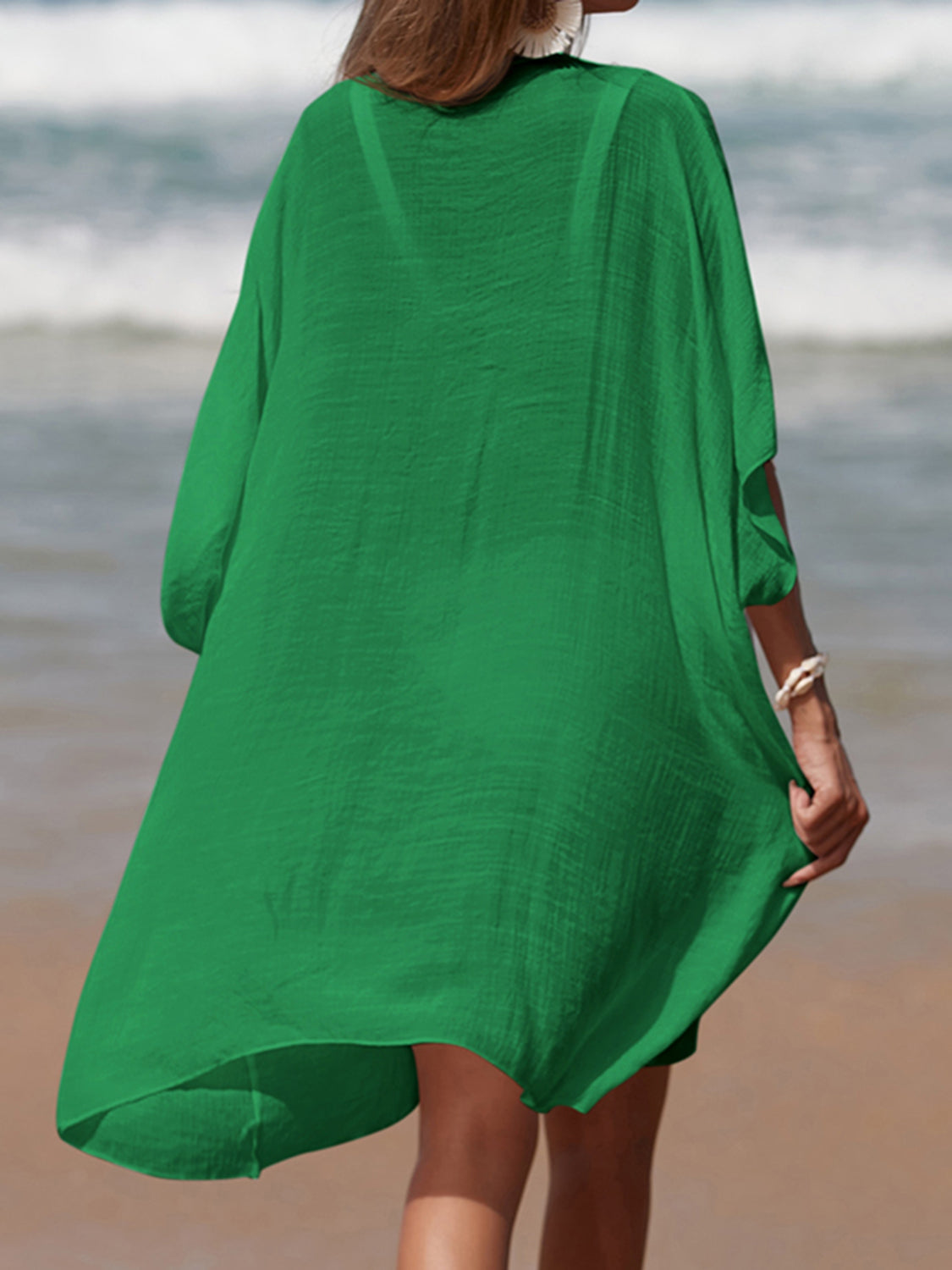 Sea Green Cutout V-Neck Three-Quarter Sleeve Cover Up Sentient Beauty Fashions Apparel &amp; Accessories