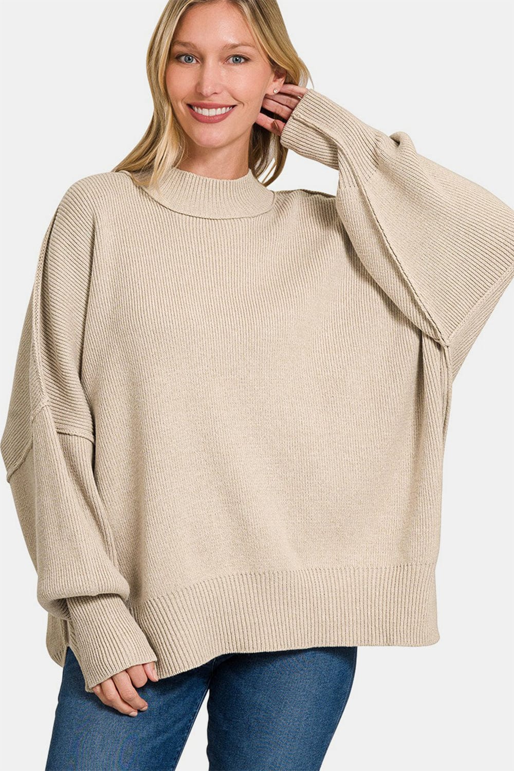 Light Gray Zenana Side Sit Oversize Sweater