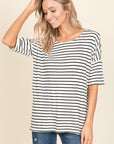 Antique White BOMBOM Striped Round Neck T-Shirt Sentient Beauty Fashions Apparel & Accessories