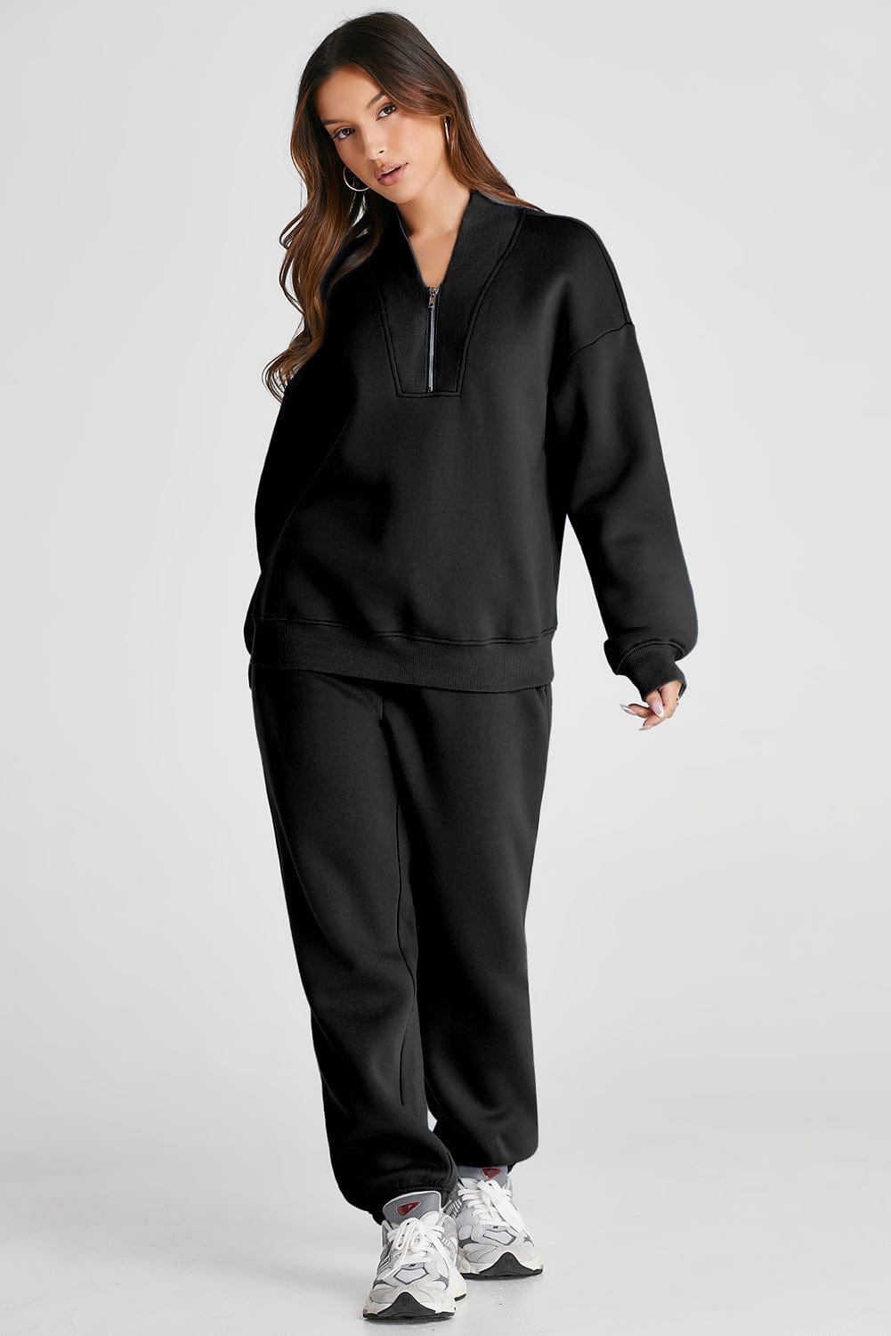 Black Quarter Zip Long Sleeve Top and Pants Set