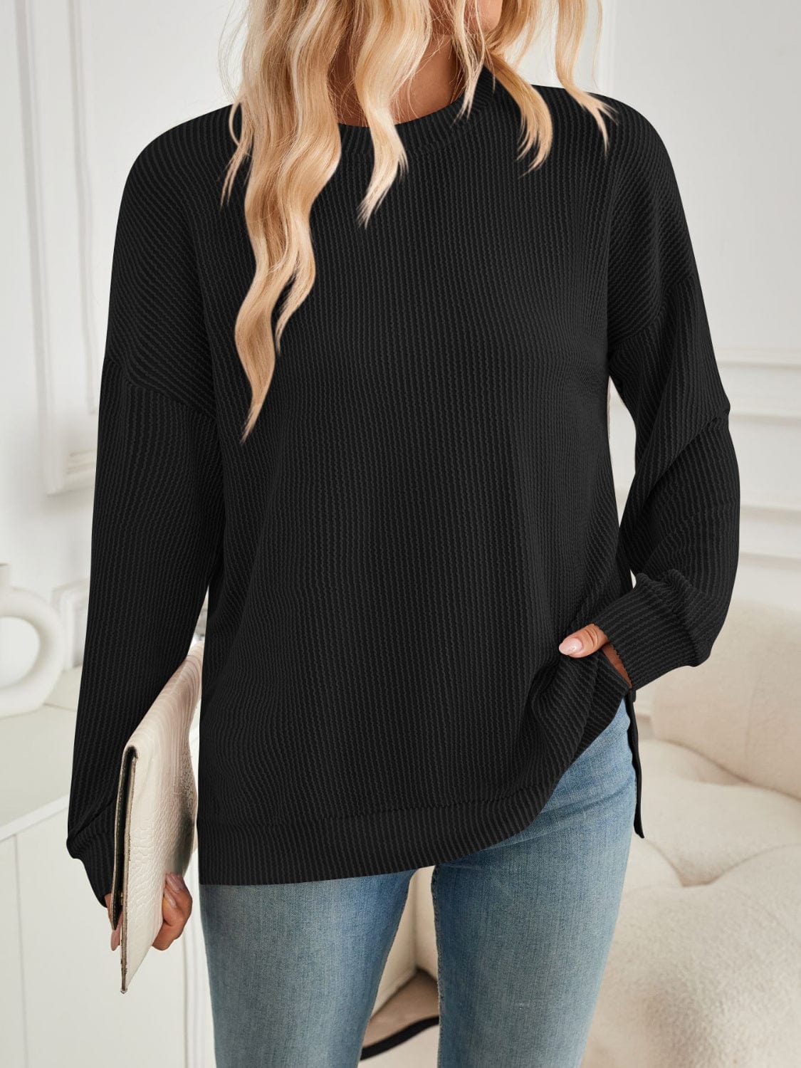 Lovelet Slit Round Neck Long Sleeve Sweatshirt