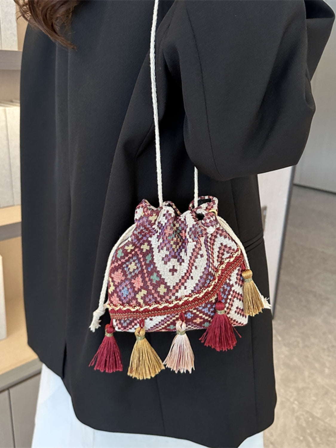 Gray Tassel Spaghetti Strap Shoulder Bag Sentient Beauty Fashions Apparel & Accessories