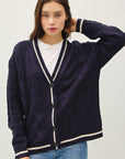 Be Cool Contrast Trim Cable-Knit V-Neck Cardigan