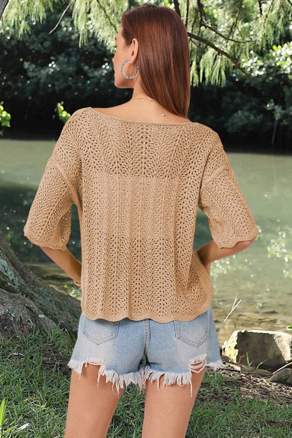 Rosy Brown Openwork Round Neck Half Sleeve Knit Top