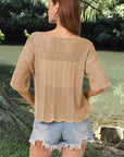 Rosy Brown Openwork Round Neck Half Sleeve Knit Top