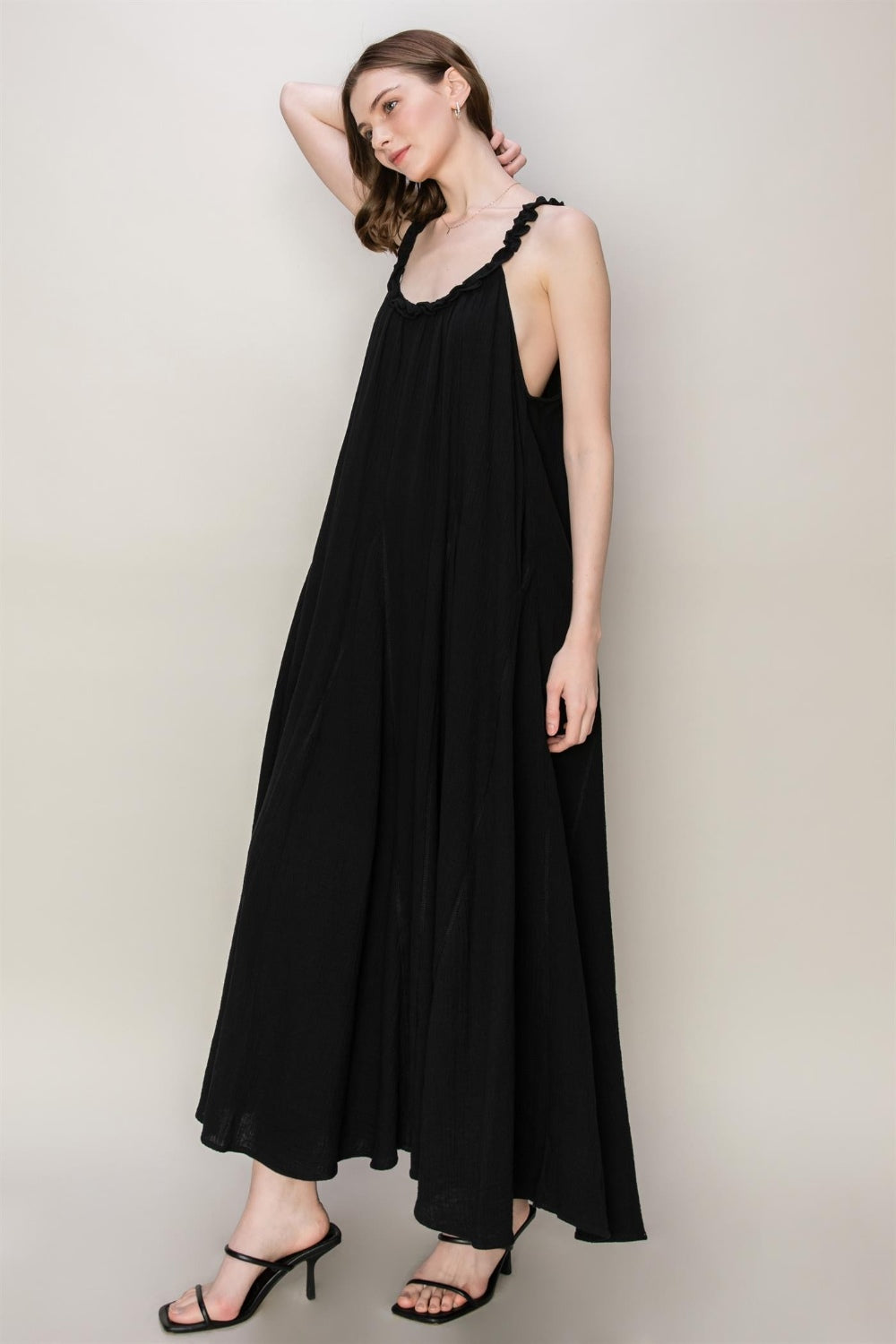 Light Gray HYFVE Frill Sleeveless A-Line Maxi Dress Sentient Beauty Fashions Apparel &amp; Accessories