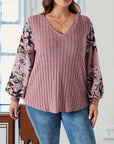 Plus Size Printed V-Neck Long Sleeve T-Shirt