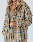 Drawstring Waffle Knit Patchwork Hooded Plaid Shacket