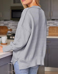 Light Slate Gray Slit Round Neck Dropped Shoulder Sweater