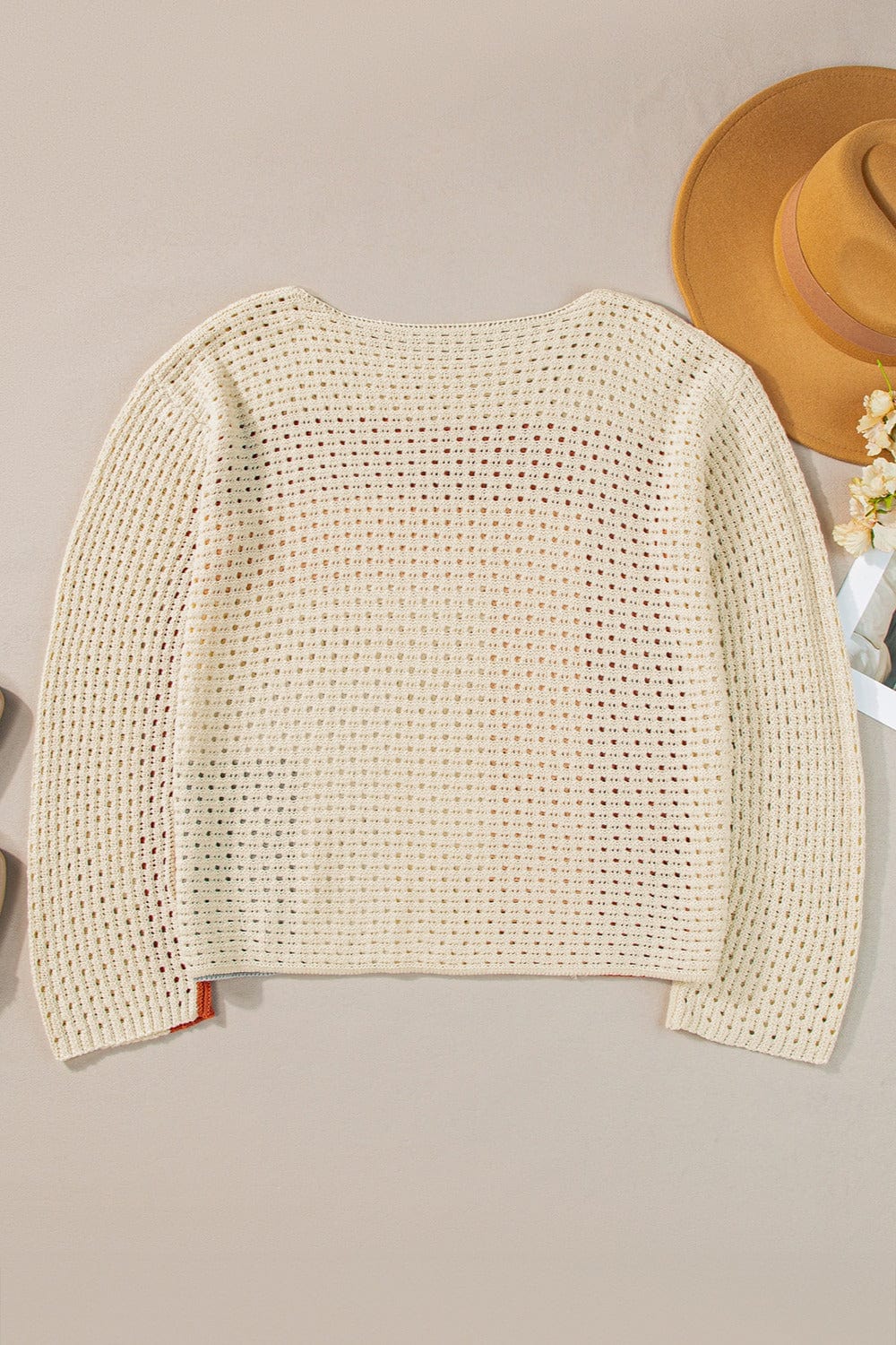 Gray Openwork Color Block Long Sleeve Knit Top