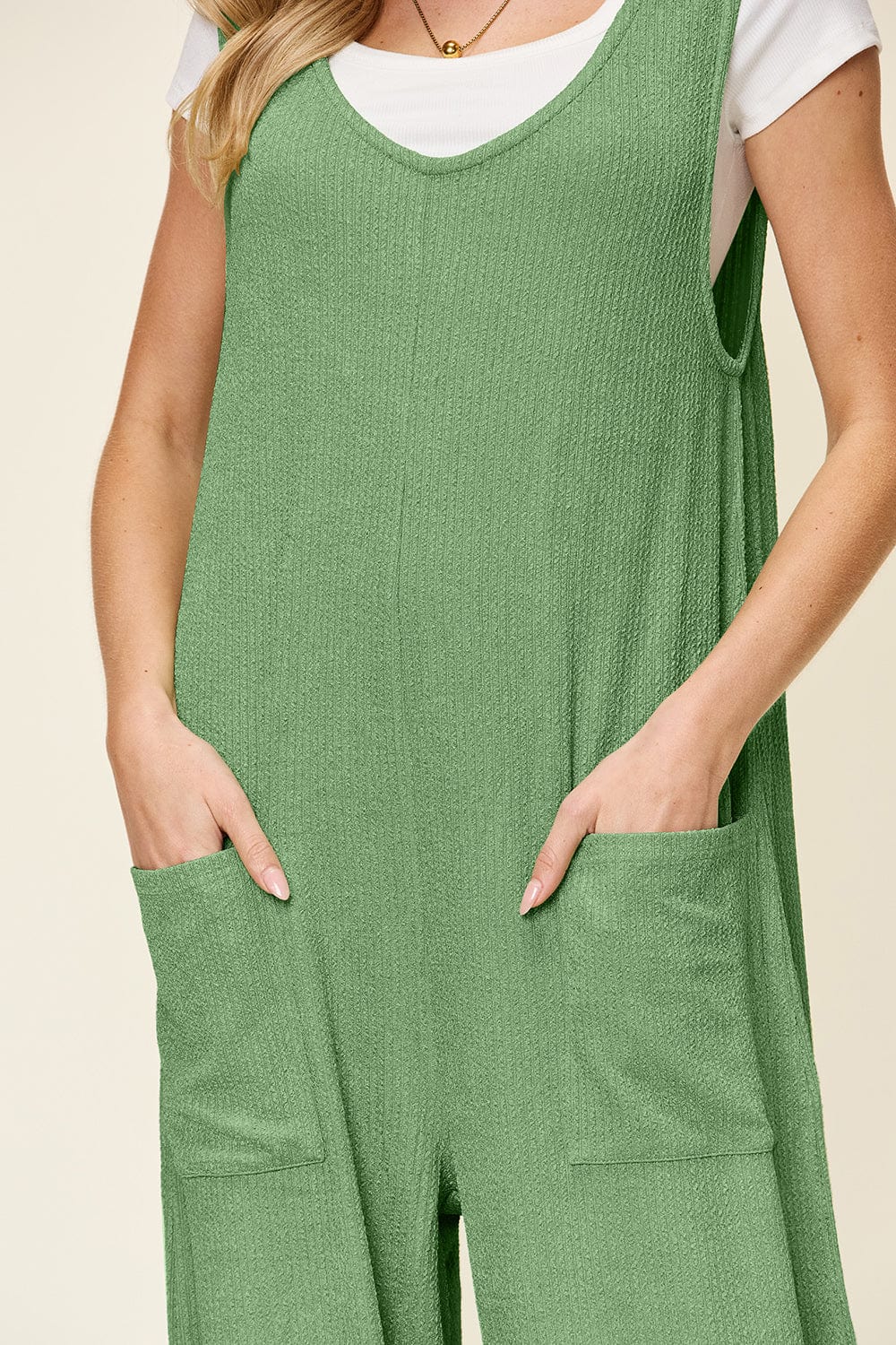 Dark Sea Green Double Take Full Size Texture Sleeveless Wide Leg Jumpsuit